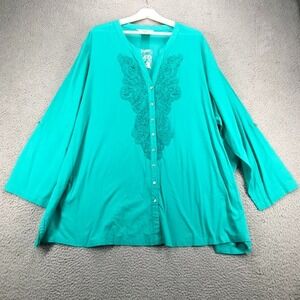 ULLA POPKEN Top Size 28/30 Teal Crochet Cotton Button Up‎ Long Sleeve NEW